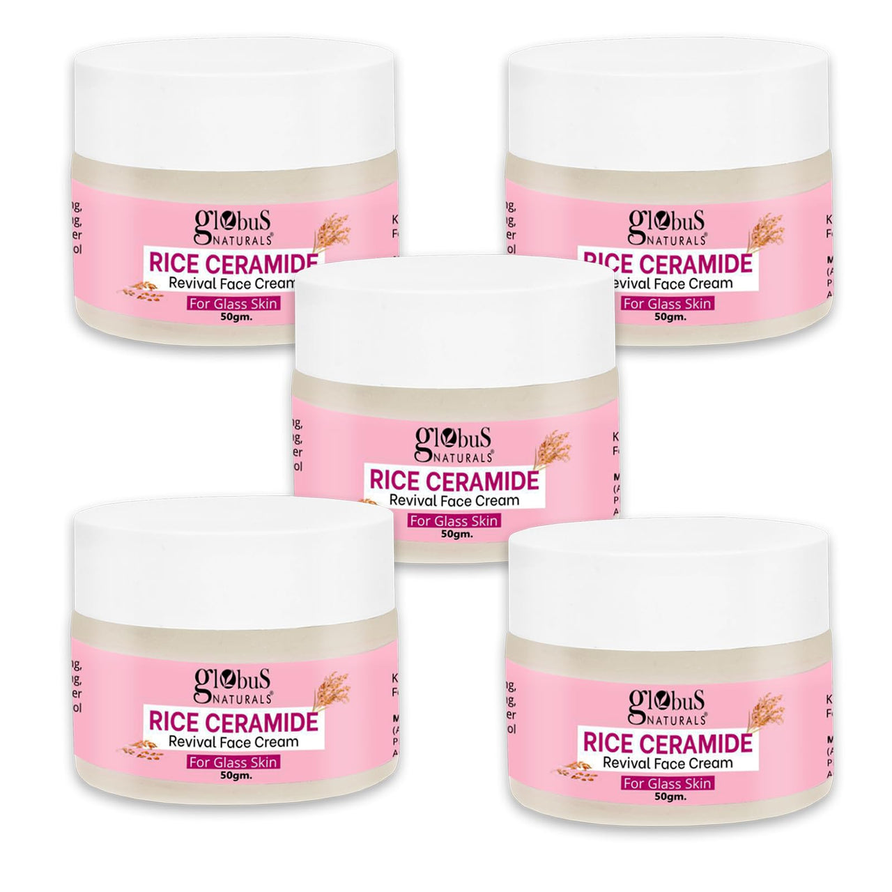 Globus Natural Rice Ceramide Revival Face Cream, Enriched with Sunflower & Coffee, For Glass Skin, 50 gm (Pack of 5)