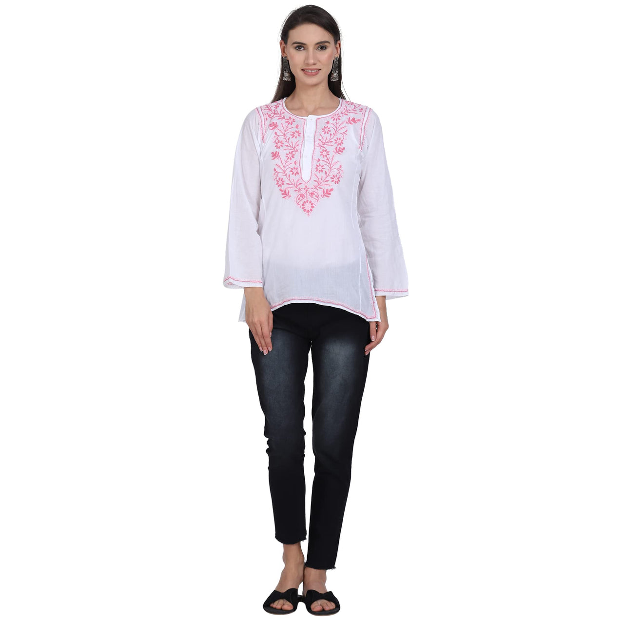 Paramount Women's  Chikankari Cotton White Straight Short Kurta Navy XS