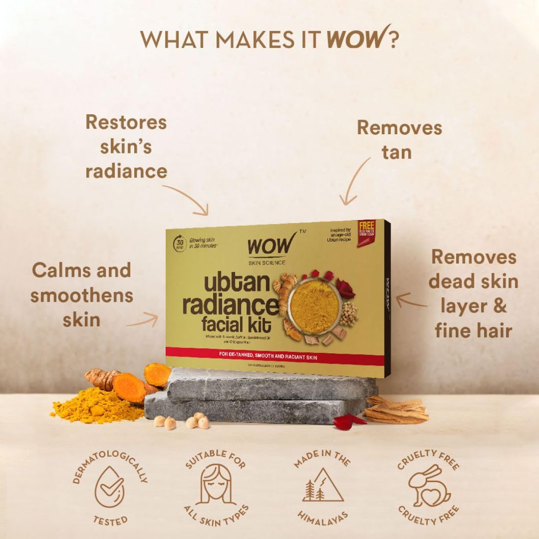 WOW Skin Science Ubtan Radiance Facial Kit for Glowing Skin|Helps Remove Tan and Gives Radiant Skin | 6 Easy Steps | Suitable for All Skin Types | Free Rose Water | Pack of 7
