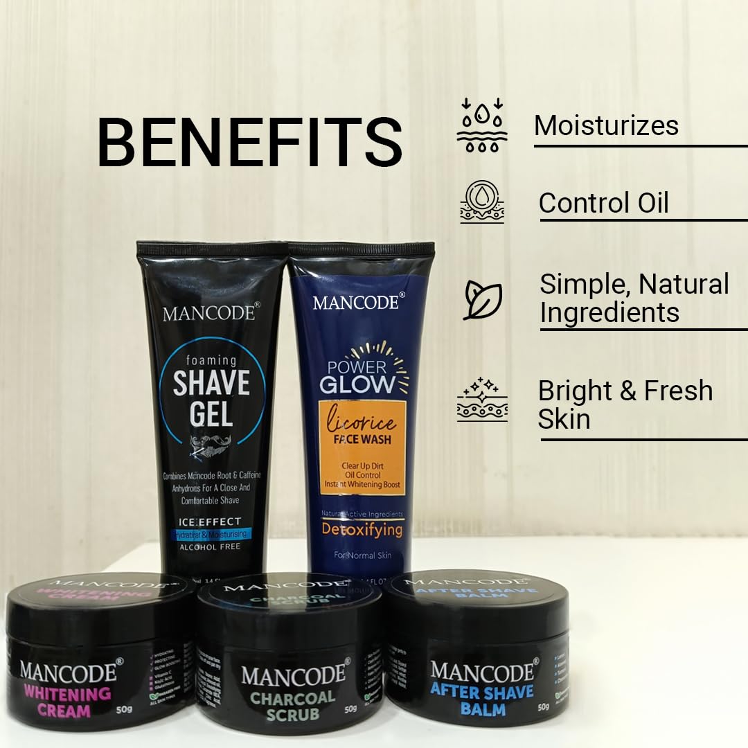 Mancode Grooming Gift Set - The Ultimate Glow Kit for Men | Complete Grooming Kit | Hydrates & Revitalizes Skin (Shave Gel,Face Wash,After Shave Balm,Whitening Cream,Scrub) Stylish Gift Box Pack of 5