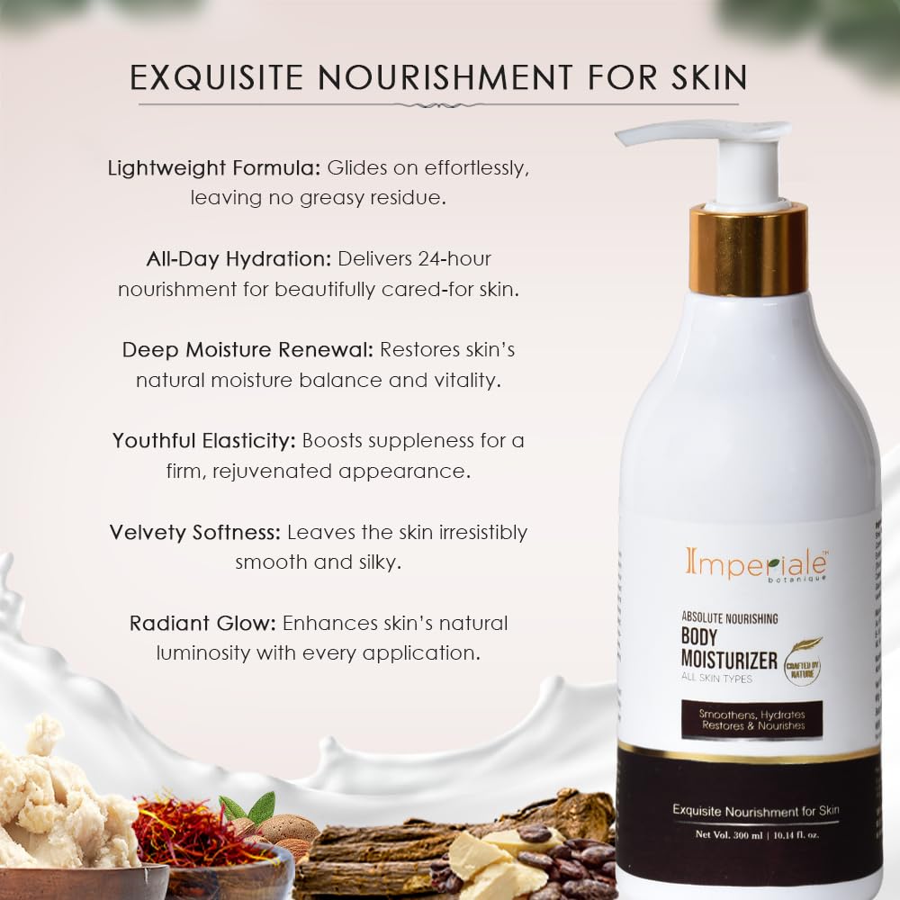 Imperiale Botanique Absolute Nourishing Body Moisturizer Lotion | 300 ML | Cocoa Butter, Niacinamide & Milk Protein | 24-Hour Hydration | Deeply Nourishes, Softens & Restores Skin Radiance | Lightweight & Fast-Absorbing | All Skin Types & All Seasons