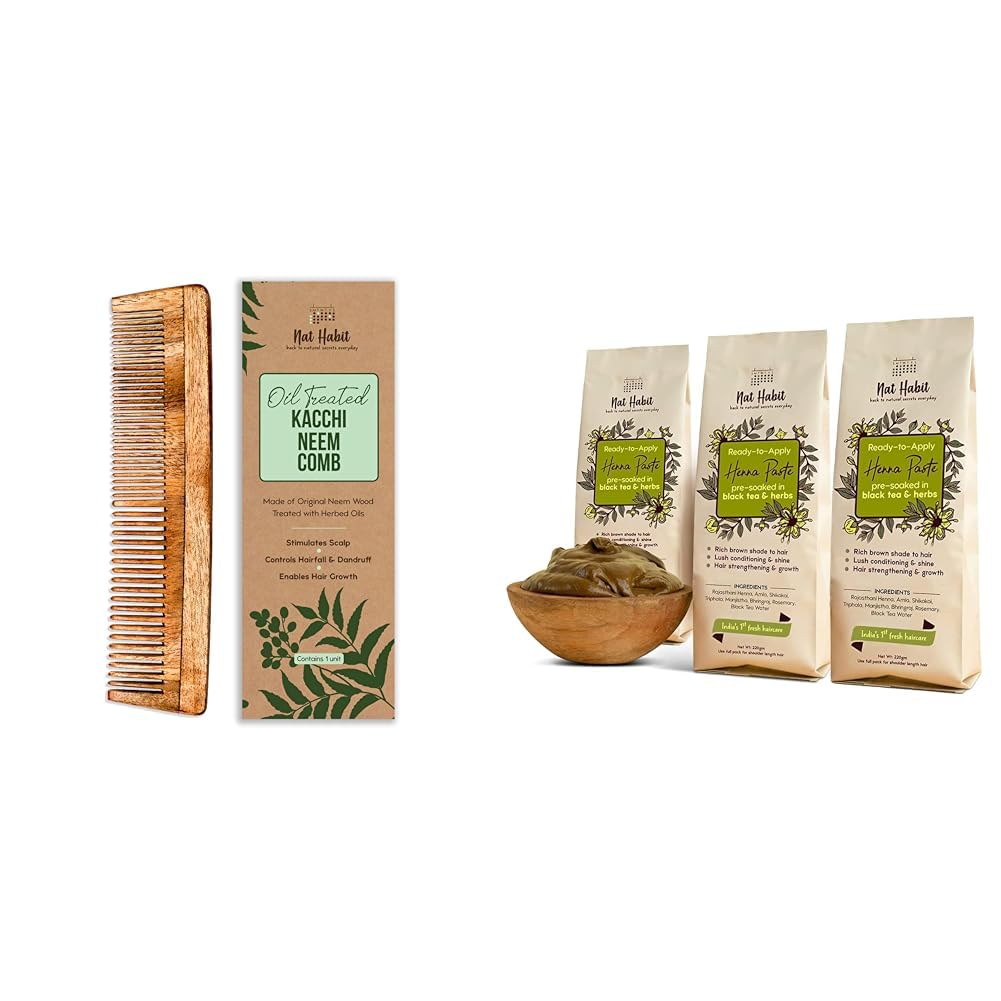 Nat Habit Kacchi Neem Wooden Comb - Soaked In 17 Herbs For All Hair Types (Dual Tooth) and Nat Habit - Fresh Ready To Apply Henna Paste (Pack of 3 x 220g)