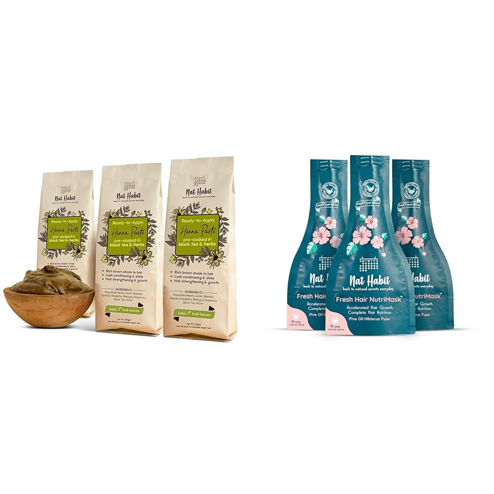 Nat Habit - Fresh Ready To Apply Henna Paste (Pack of 3 x 220g) and Nat Habit Five Oil Hibiscus NutriMask-Hair Mask for All Hair & Scalp Types (Pack of 3 x 40 gm)