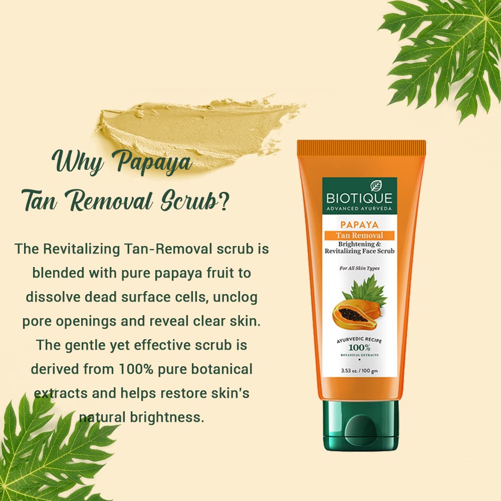Biotique Bio Almond Oil Nourishing Body Soap, Pack of 3, 225 g (3 x 75 g) & Biotique Papaya Tan Removal Brightening & Reviatalizing Face Scrub For All Skin Types, 100g