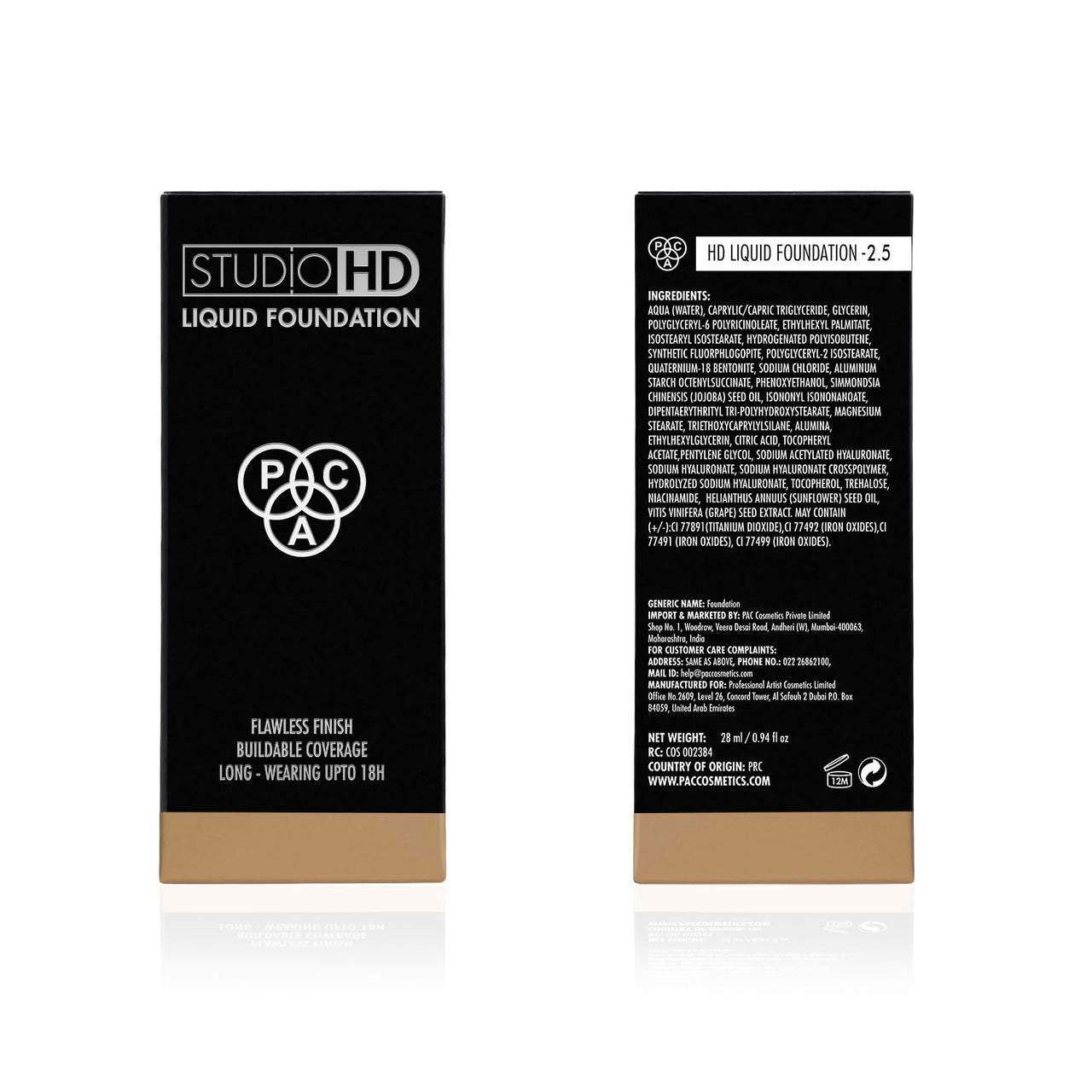 PAC Studio HD Liquid Foundation (2.5) | Lightweight Dewy Satin Finish | Medium to Buildable Coverage | Natural Second Skin like Finish | Suitable for all Skin Types - 28ml