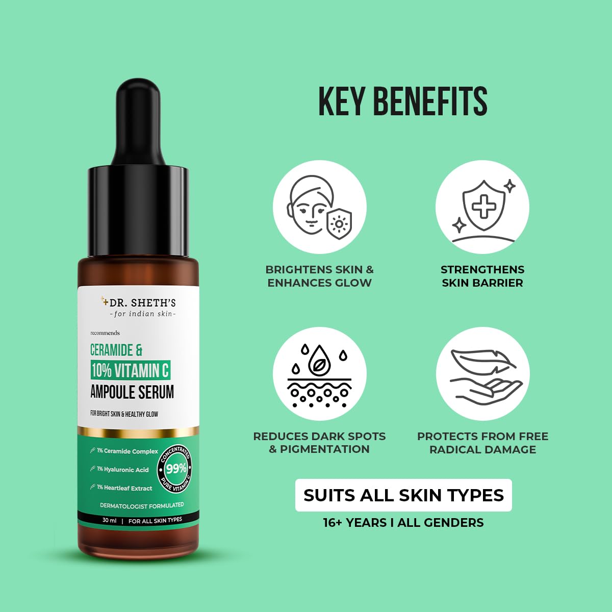 Dr. Sheth's Non-Irritating Ceramide & 10% Vitamin C Ampoule Serum | Reduces Dullness & Dark Spots | Brightens & Repairs Skin Barrier | For Beginners | 99% Pure Grade Vitamin C | All Skin Types | 30 ml