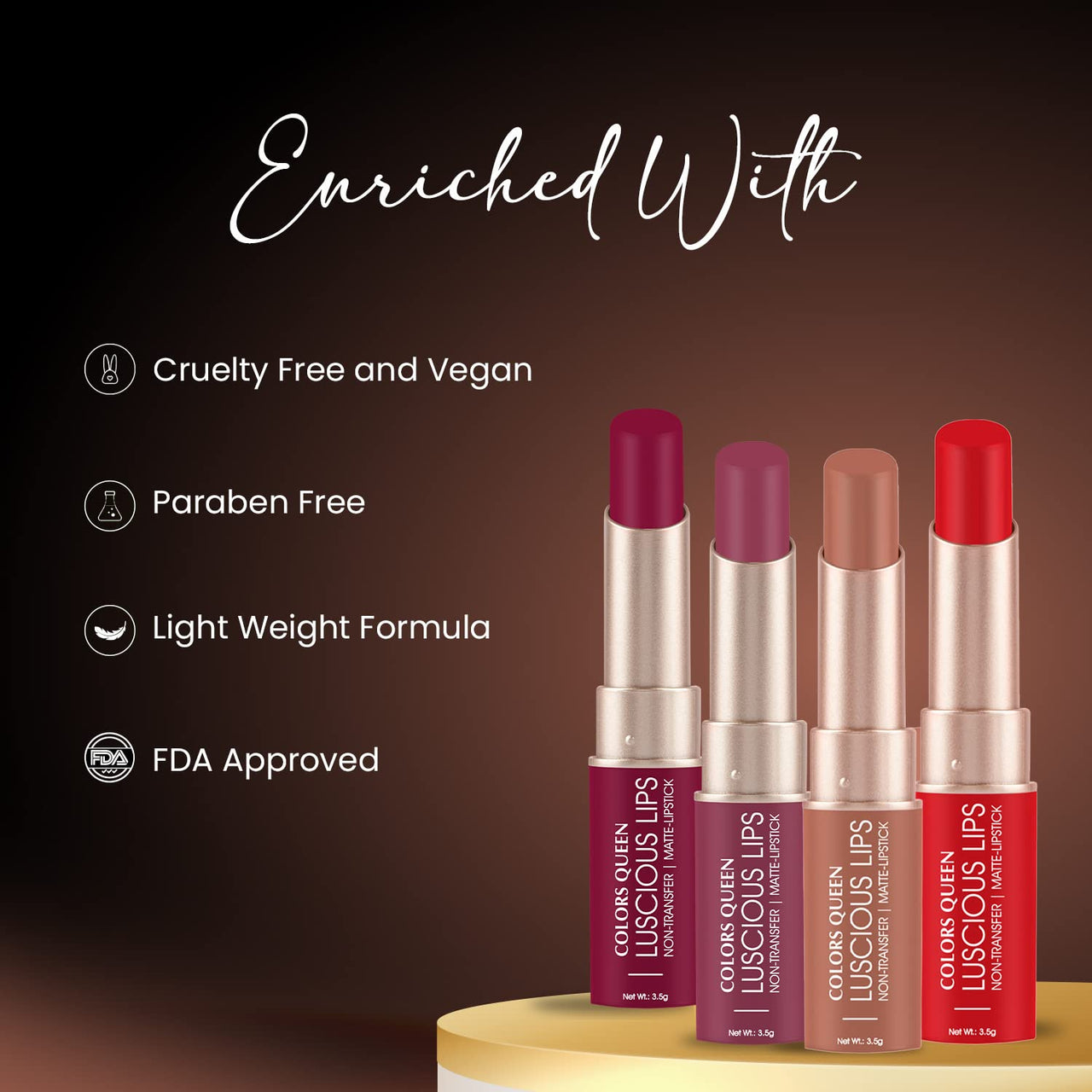 Colors Queen Luscious Lips Creamy Matte Lipstick | Highly Pigmented with Smooth Application | Smudge Proof & Waterproof | Long Lasting Lipstick for Women (Royal Rust Maroon - 3.5g)