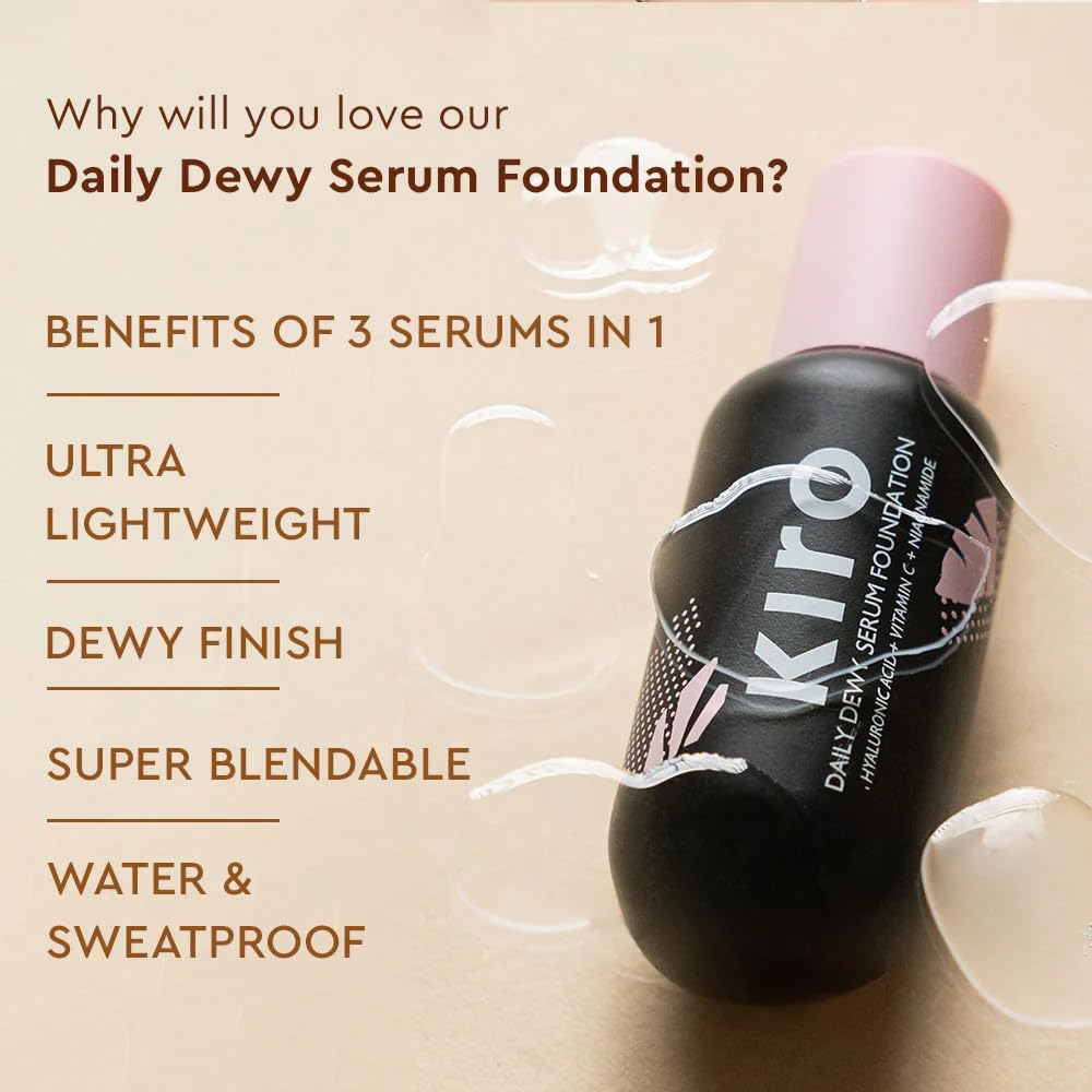 Kiro Daily Dewy Serum Liquid Foundation - Peachy Ivory, 30ml | Infused With Hyaluronic Acid, Niacinamide, and Vitamin C | Ultra Lightweight, Waterproof, and Hydrating | For All Skin Types
