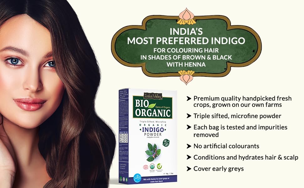 INDUS VALLEY BIO Organic Indigo Powder (Indigofera Tinctoria) with Color Recipe Book and an Applicator Brush Kit, Arrests Early Greying & Protects hair from Damage (100g, Black)