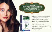 INDUS VALLEY BIO Organic Indigo Powder (Indigofera Tinctoria) with Color Recipe Book and an Applicator Brush Kit, Arrests Early Greying & Protects hair from Damage (100g, Black)