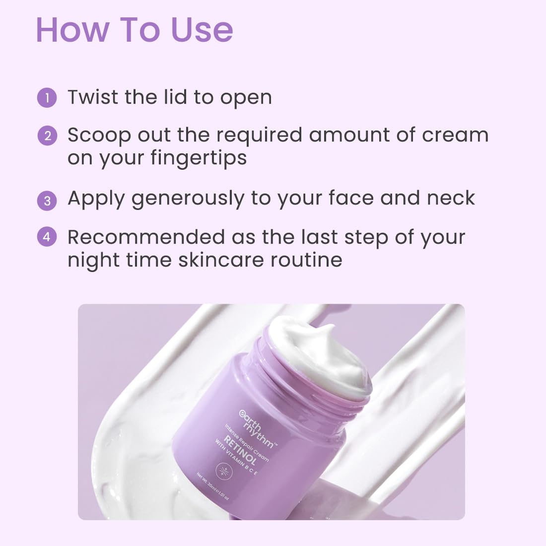 Earth Rhythm Retinol Night Cream For Glowing Skin Anti Aging Face Cream Enriched with Vitamin B, C, & E Reduce Fine Lines & Wrinkles For All Skin Type - 30ml