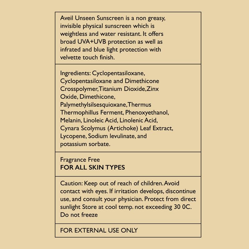 AVEIL All Skin Unseen Physical Sunscreen SPF 50 PA +++|50ml|UVA, UVB & Blue Light Protection|No White Cast|Water & Sweat Resistant|Hydrating Sunscreen|Prevents Fine Lines & Wrinkles|Pack of 1