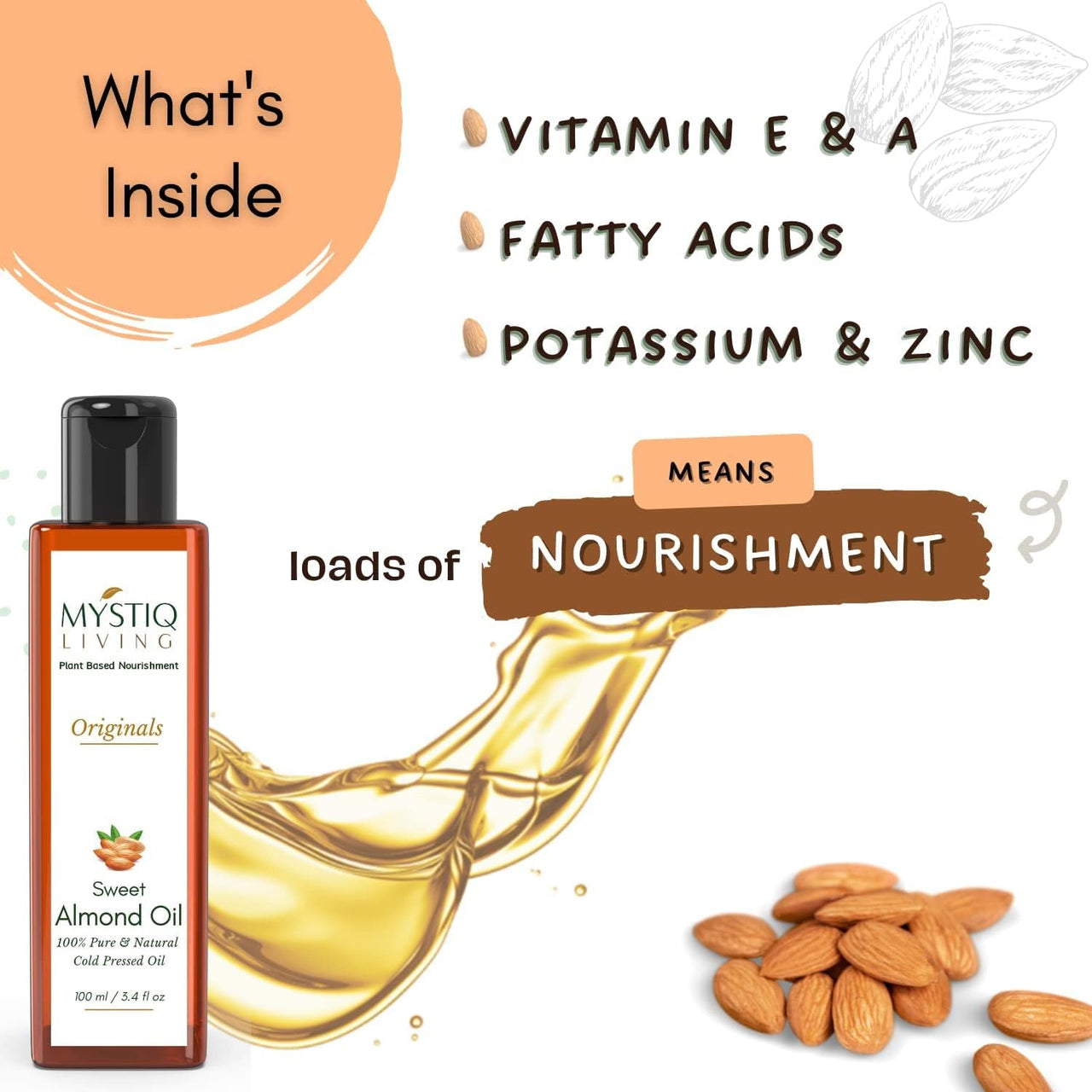 Mystiq Living Extra Virgin Olive Oil & Sweet Almond Oil Combo | For Hair, Skin And Baby Massage | Cold Pressed, Pure & Natural -400 ML (200 ML Each)