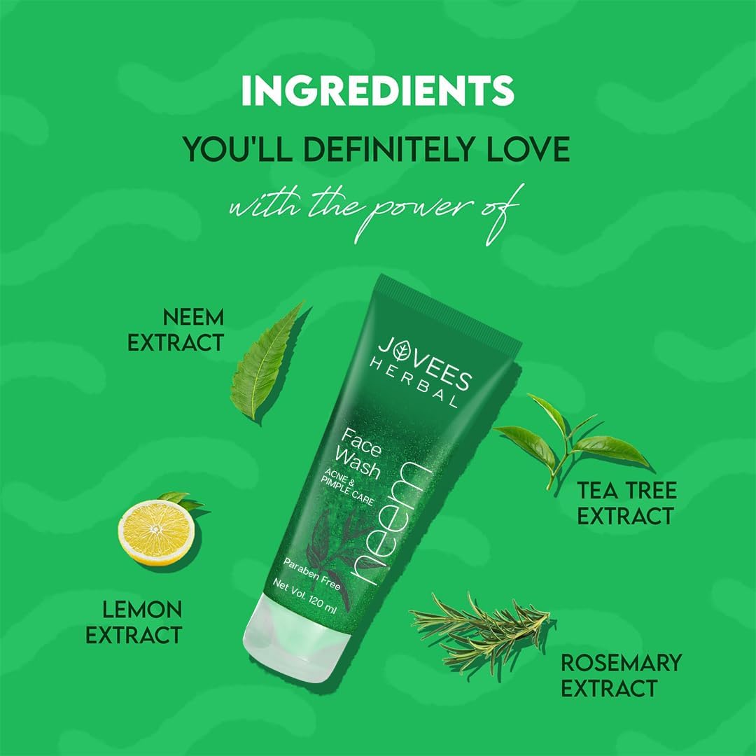 Jovees Herbal Neem Face Wash For Clear Skin with Neem & Tea Tree Ext | Gentle For Oily & Acne-Prone Skin | Controls Oil, Pimples and Dark Spots | Acne Control Cleanser For All Skin Type - 50ml