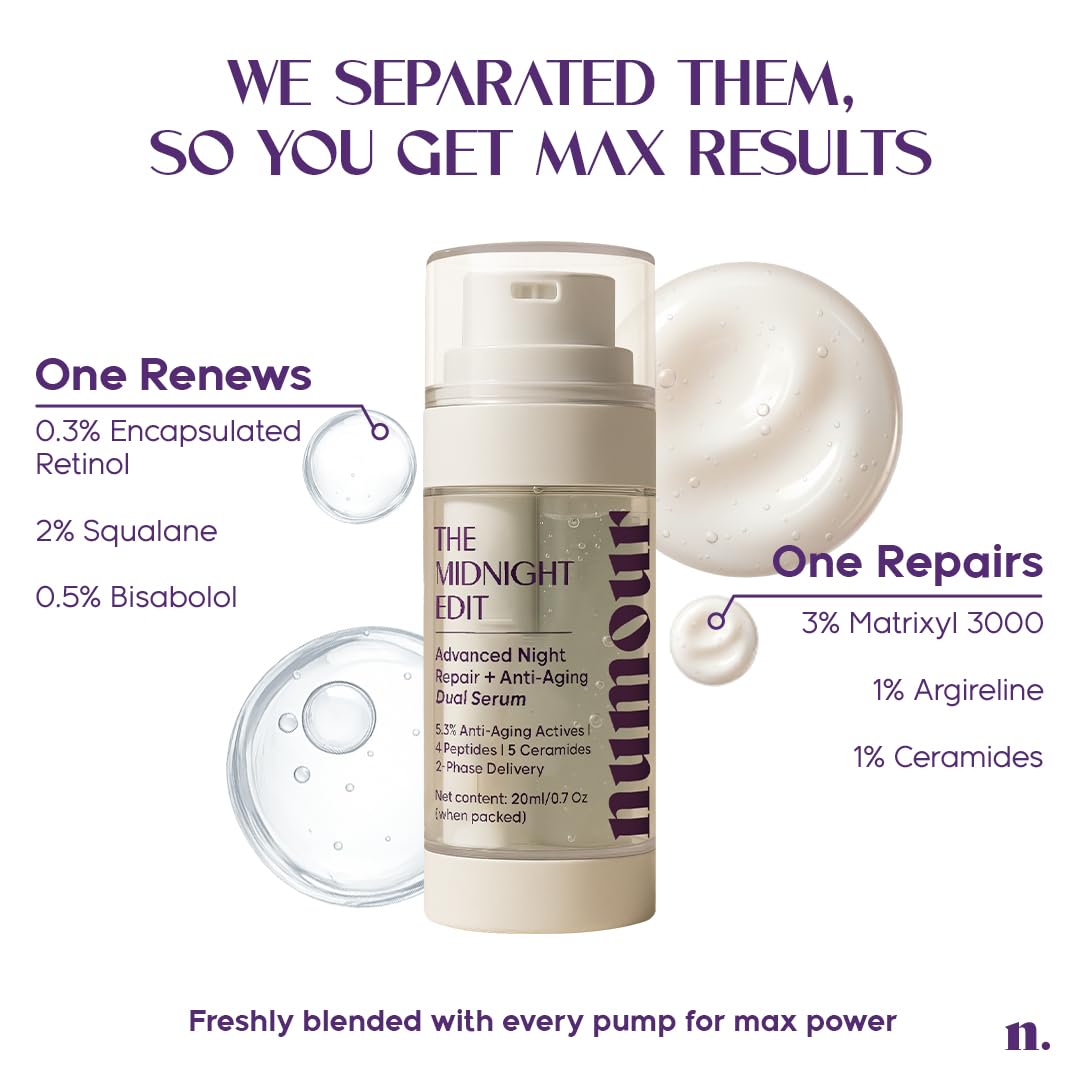 Numour Beginner Friendly Retinol Serum | Irritation Free | 0.3% encapsulated Retinol+4 Peptides+5 Ceramides | For Fine Lines & Wrinkles | Dermat Tested, Safe for Sensitive Skin |Face serum for Men & Women | The Midnight Edit Dual Anti-Aging Serum 20ml