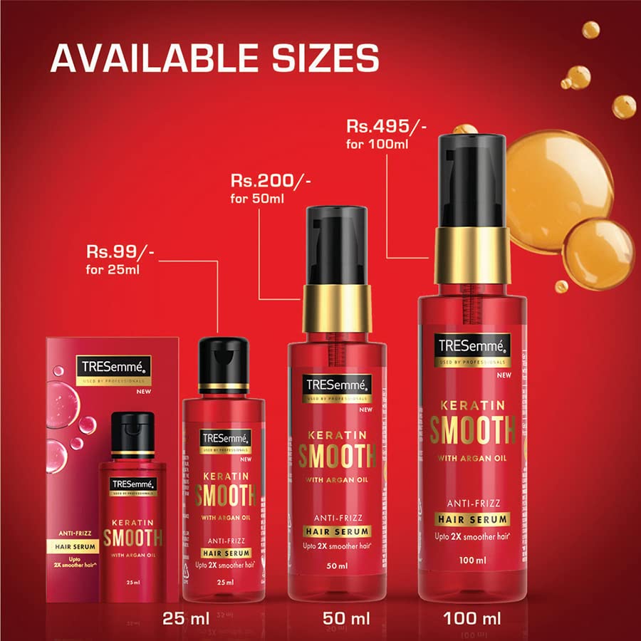 Tresemme Keratin Smooth Anti-Frizz Hair Serum 100ml with Argan Oil, for 2X Smoother Hair and Long Lasting Frizz control upto 48H even in 80% humidity