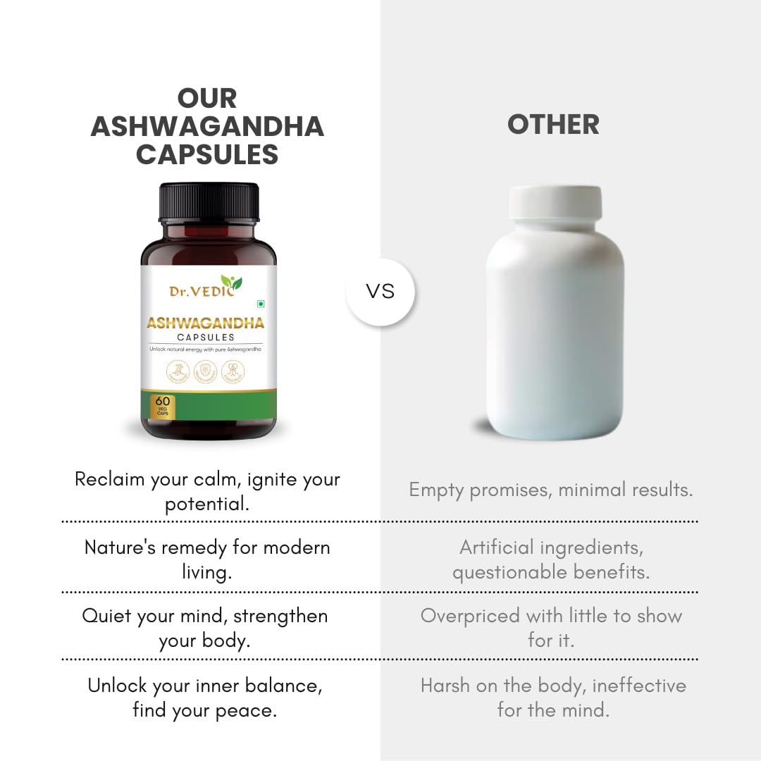 Dr Vedic Ashwagandha Capsules - 100% Pure Ashwagandha Extract for Stress Relief, Energy Boost, Improved Sleep & Immune Support (60 Capsules)