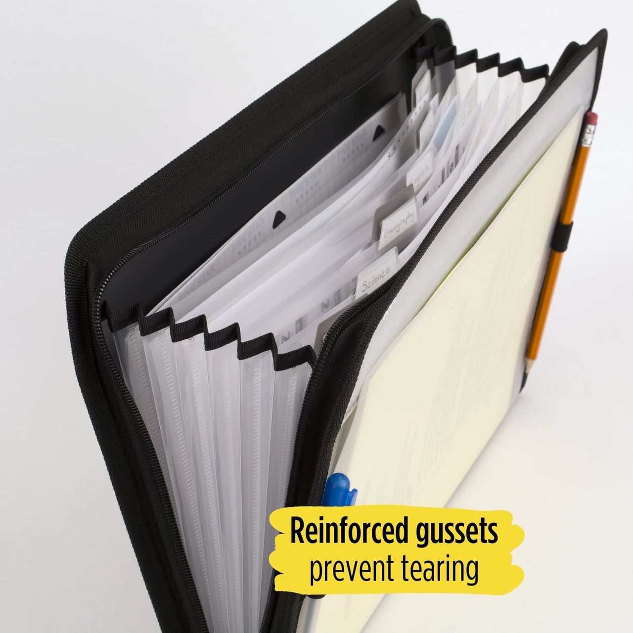 Five Star 7 Pocket Expanding File Organizer, Plastic Expandable File Folders with Customizable Tabs & Clear Cover, Holds 11" x 8-1/2", Zipper Closure, Black (72709)