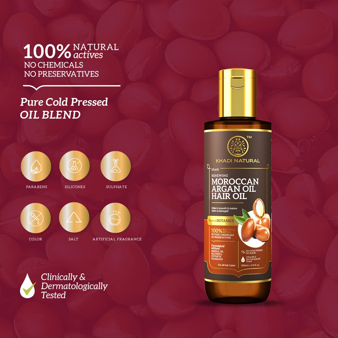 Khadi Natural Moroccan Argan Hair Oil | Hair Oil for Frizzy & Unmanageable Hair | Oil that helps hair regain its shine| Suitable for All Hair Types | Powered Botanics|200ml