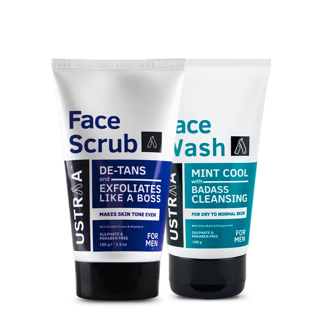 Ustraa Face Wash - Mint Cool - For Dry to Normal Skin - 100g | Reduces Moisture Loss | Removes Dirt & De-Tan Face Scrub for Men, 100g | Effective Tan Removal | with Walnut Granules | No SLS