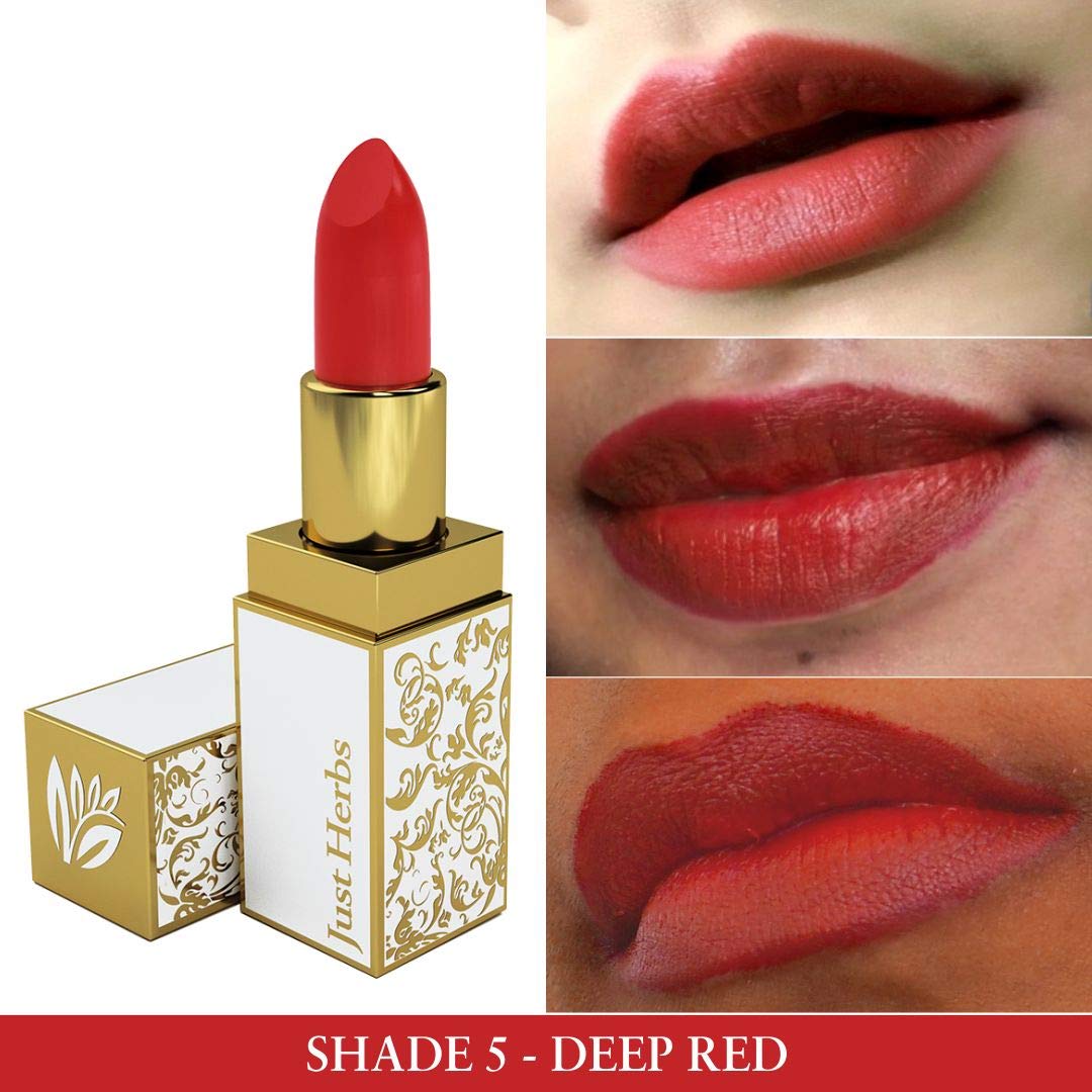 Just Herbs Natural & Organic Herb Enriched Ayurvedic Creamy Matte Lipstick For Dry & Chapped Lips- Paraben & Chemical Free Lipstick (Deep Red, Shade no. 5)