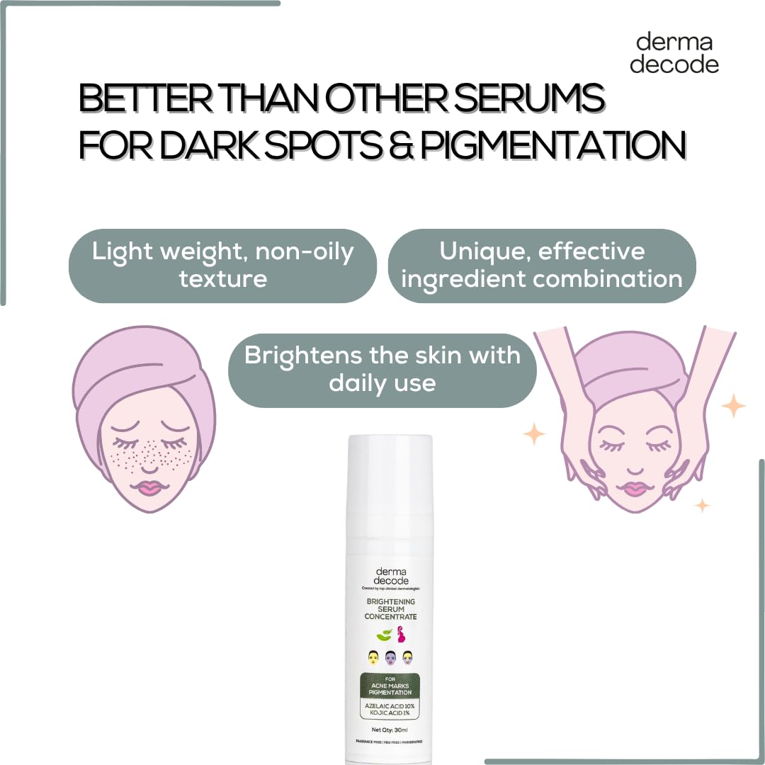 Derma Decode Azelaic Acid Brightening Serum for Glowing Skin - 10% Azelaic Acid, 1% Kojic Acid, Reduces Acne Marks, Dark Spots, Uneven Skin Tone, With Calming Aloe Vera & Cucumber, Fragrance-Free 30ml