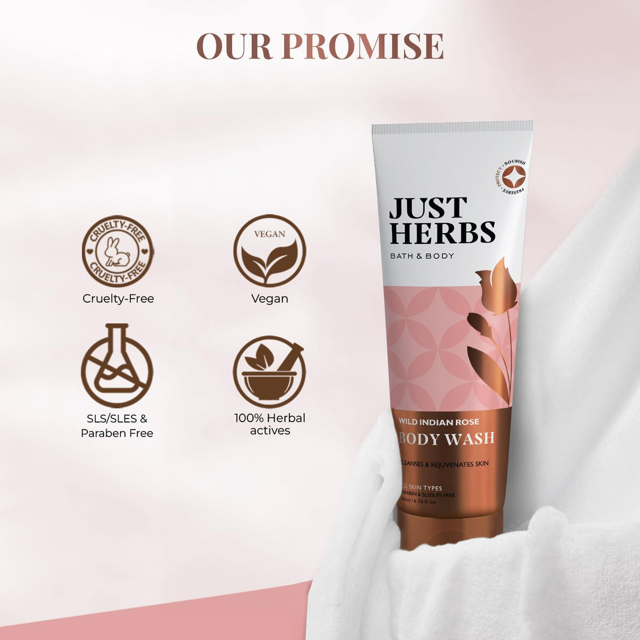 Just Herbs Organic Wild Indian Rose Refreshing Body Wash Gel for Men & Women, Cleanses, exfoliates and Paraben Free - 200 ml