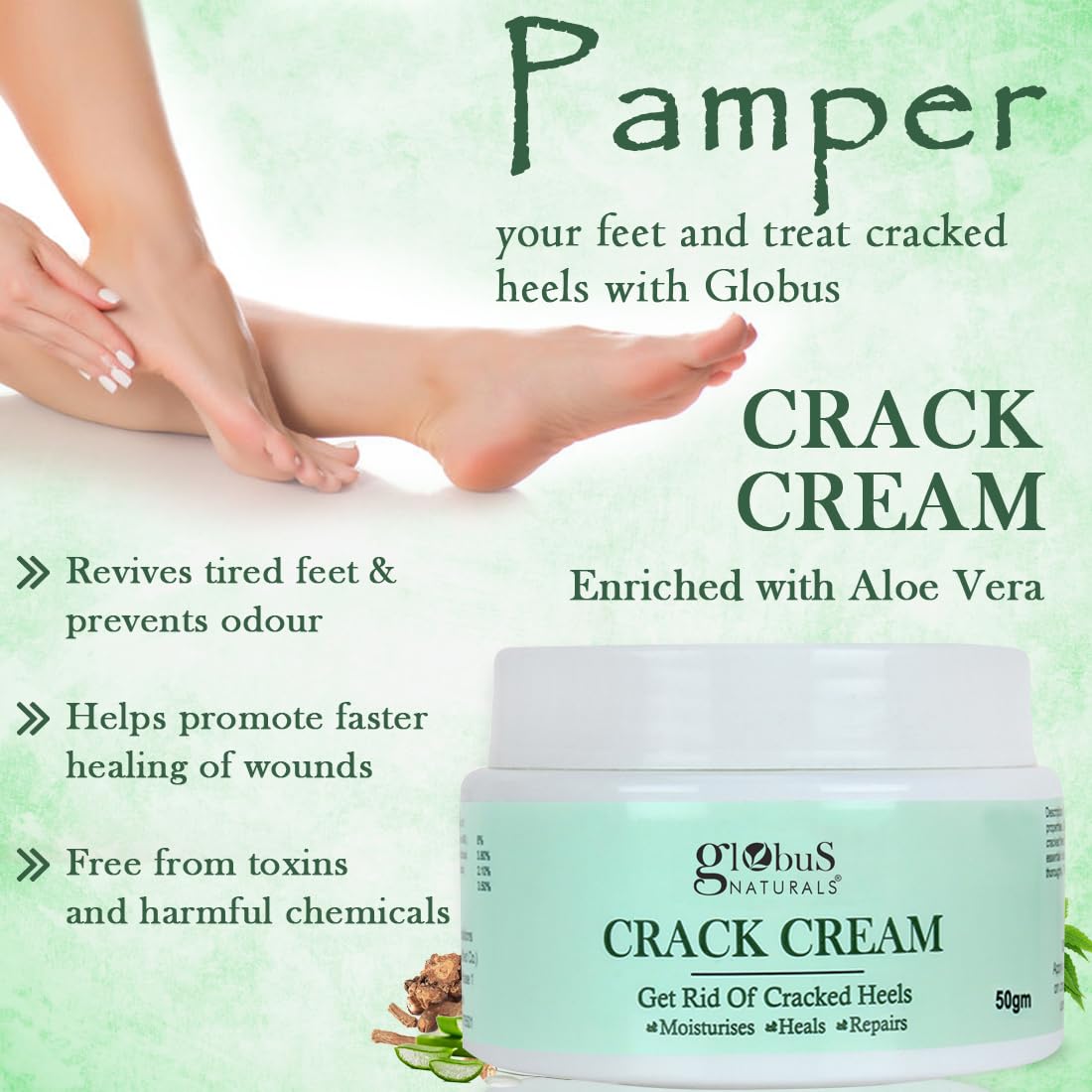 Globus Naturals Crack Cream For Dry Cracked Heels & Feet | Enriched With Aloevera | Neem | Anantmool 50g (Pack of 2)