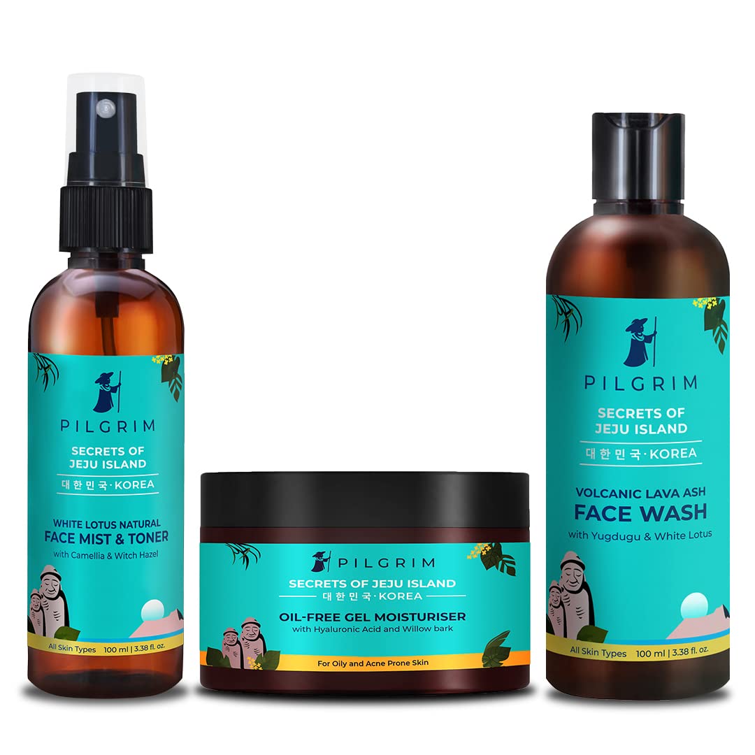 Pilgrim Oily Skin CTM Bundle | Oil Free Gel Moisturizer 50gm, Pore Cleansing Face Wash 100ml, Refreshing & Skin Hydrating Face Mist & Toner 100ml | For Acne-Prone & Sensitive Skin | Korean Skin Care