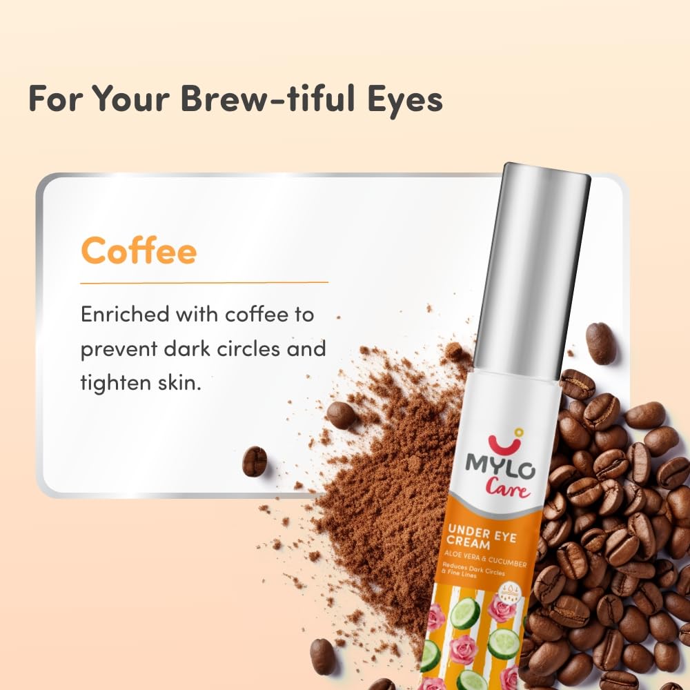 Mylo Care Under Eye Cream with Under Eye Roll-on with Easy to Apply Applicator, Relieves Puffiness & Fine Lines with Coffee, Aloe & Hyaluronic Acid Hydrates Under Eye Skin 15 gm