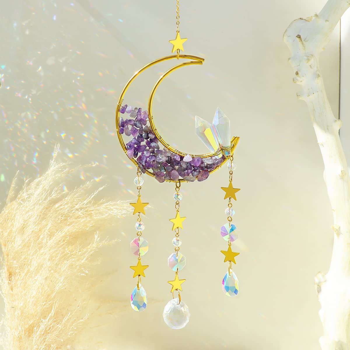 Healing Crystals Suncatcher- Moon Suncatchers Amethyst Crystal Dream Catcher Wind Chimes Crystal Ball Rainbow Maker Prisms Sun Catchers Indoor Window Car Charm Garden Outdoor Decor Mom Moon Amethyst Crystal