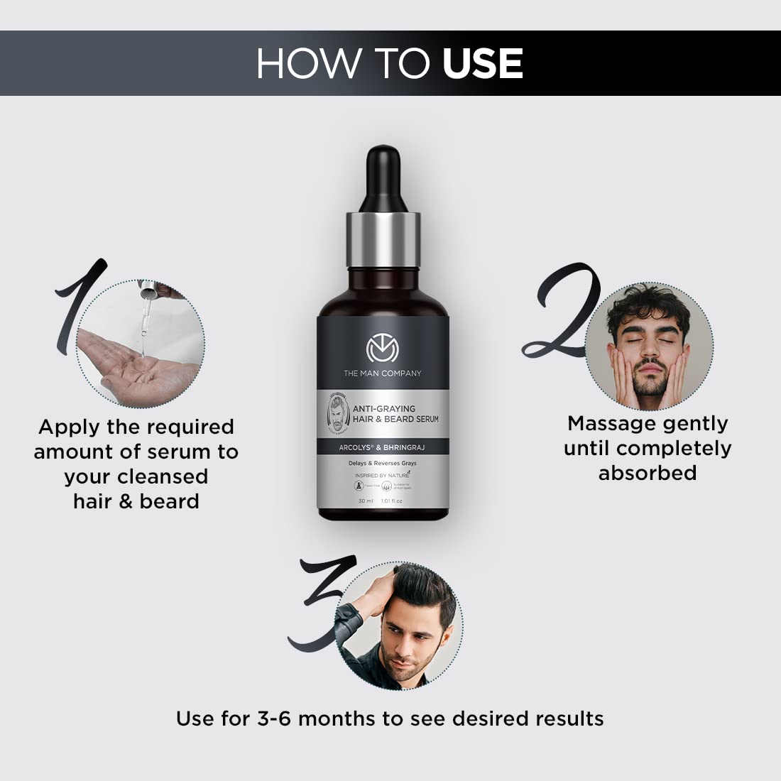 The Man Company Anti-Graying Hair & Beard Serum for Men Enriched With Bhringraj, Arcolys & Shikakai | Hair Shine & Nourishment | Delay & Reverses Grays | Strengthen Roots| For All Hair Type -30Ml
