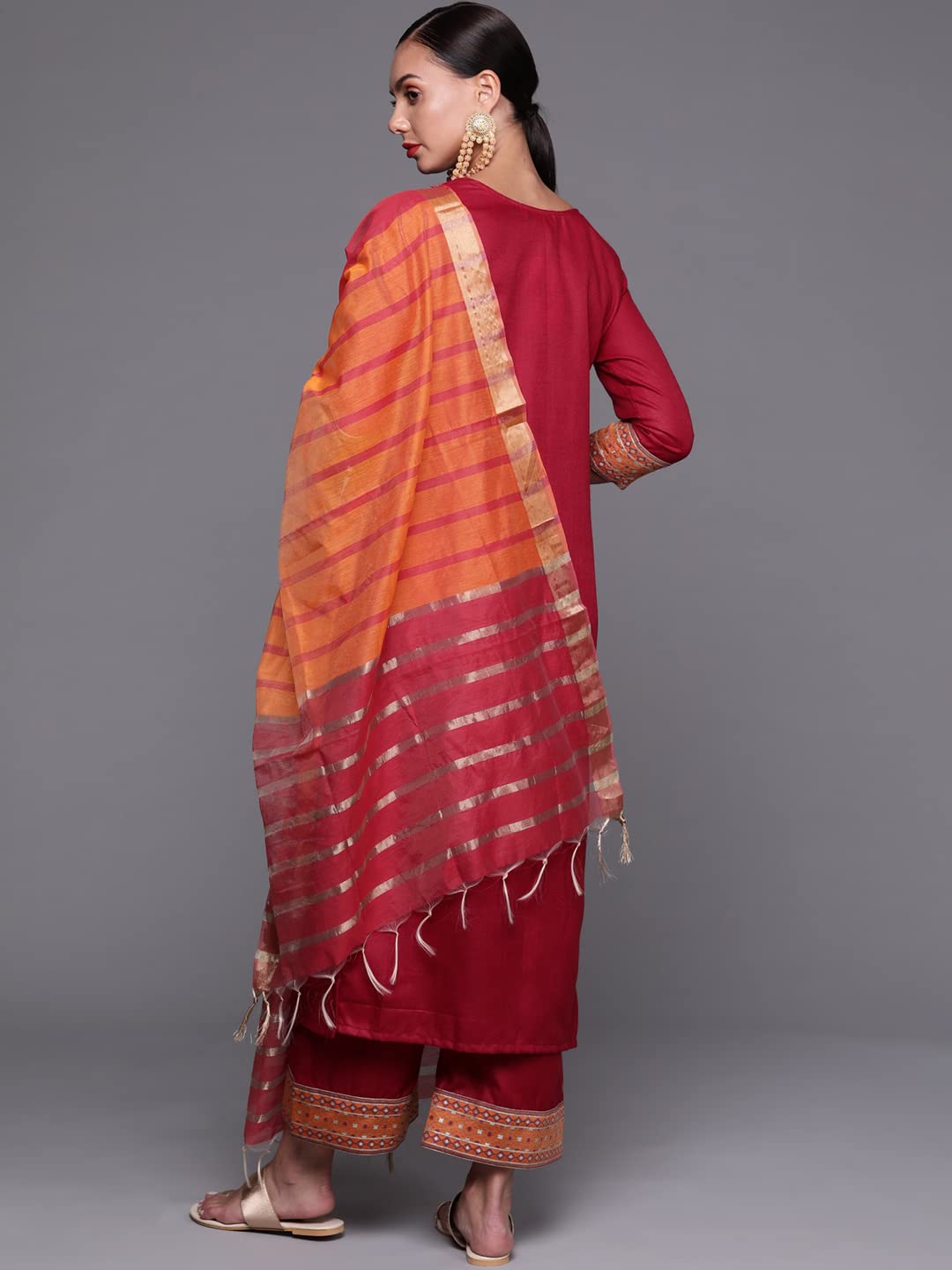 INDO ERA Women's  Solid Cotton Blend Straight Kurta Palazzo With Dupatta Set