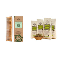 Nat Habit Kacchi Neem Wooden Comb - Soaked In 17 Herbs For All Hair Types (Dual Tooth) and Nat Habit Henna Paste, 100% Natural Rajasthani Henna - (Pack of 4 x 220g)