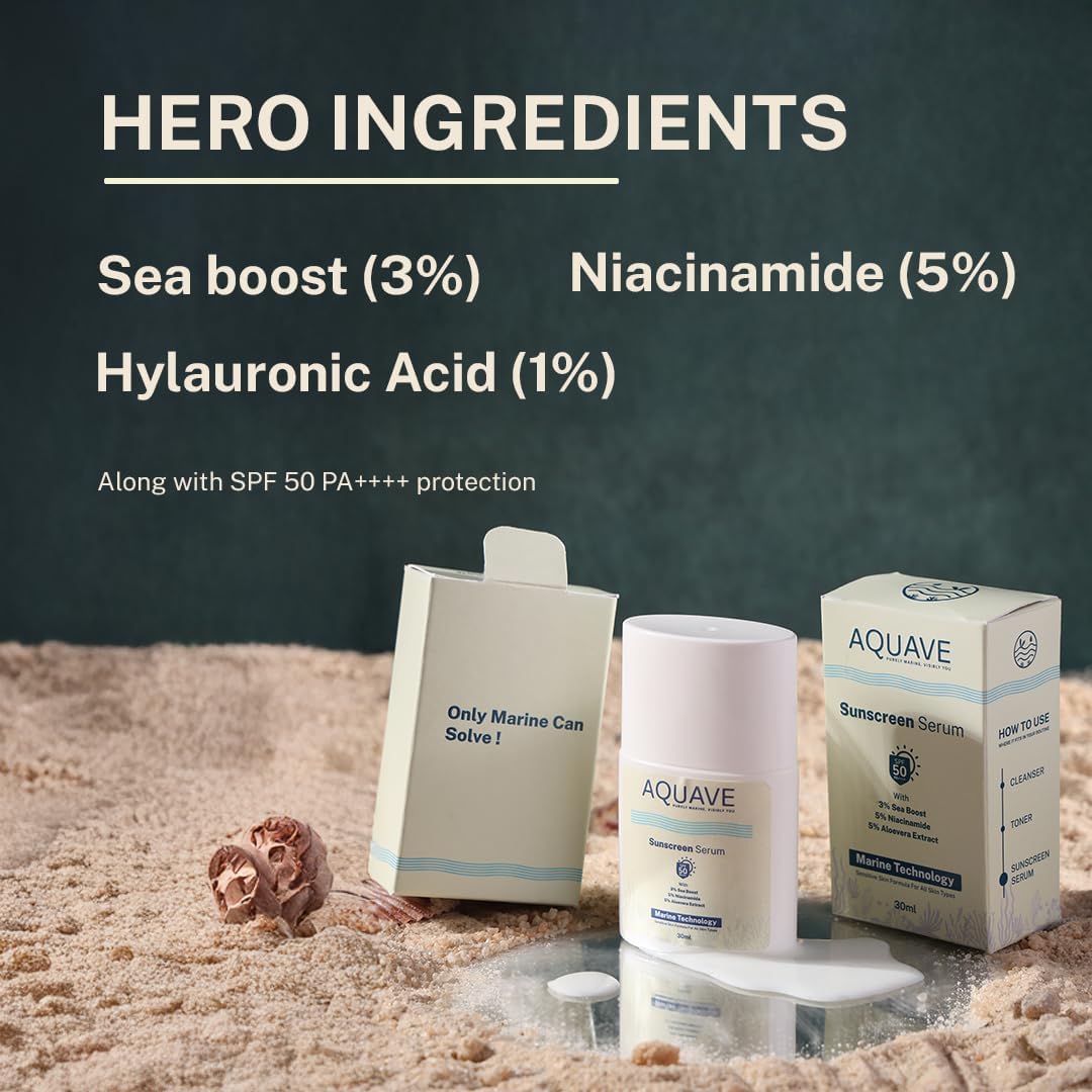 AQUAVE SPF 50 PA++++ Serum Sunscreen (30ml) 5% Niacinamide & 3% Sea Boost Superlight Marine-Based | 1% Hyaluronic Acid & 5% Aloe Vera | No White Cast | For All Skin Types (Oily, Dry, Acne-Prone) | Men & Women | Pocket Sunscreen