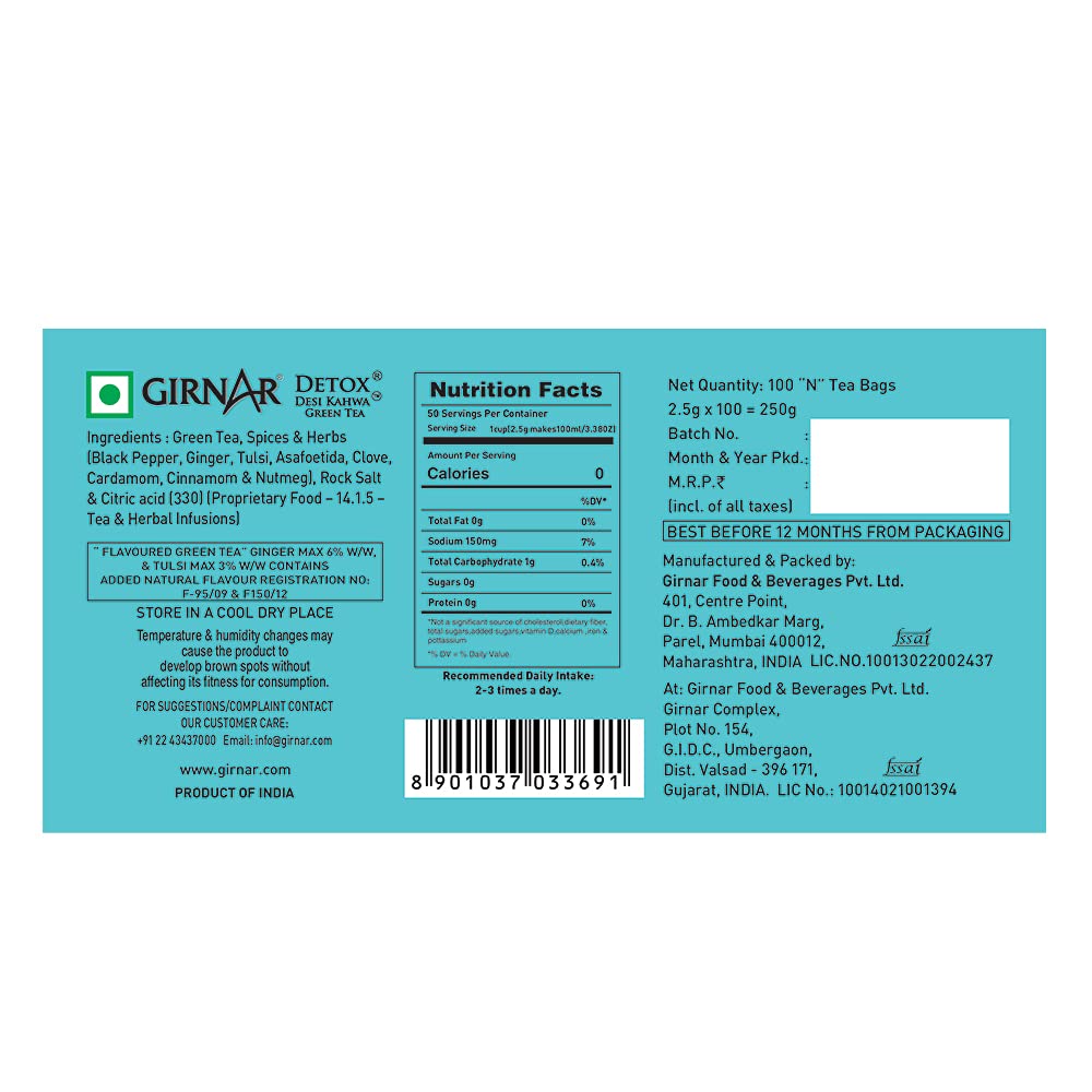 Girnar Detox Green Tea (Desi Kahwa) (100 Tea Bags)
