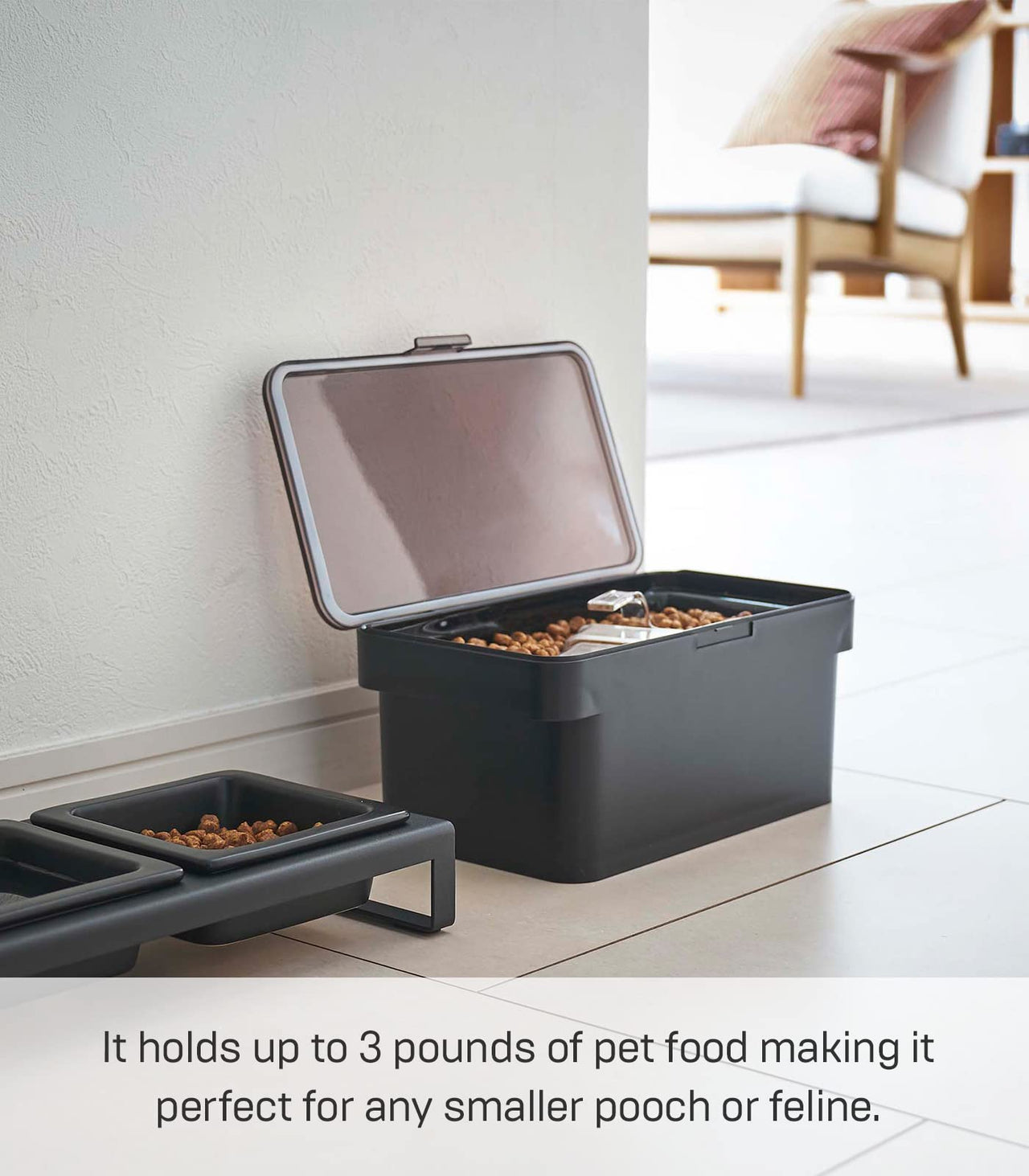 YAMAZAKI Home Airtight Pet Food Storage Container - Cat And Dog Food Holder Bin With Transparent Lid And Handle, Polypropylene, Small, 0.8 gallons, 3 liters, Airtight, Handle, No Assembly Req.,Black Black