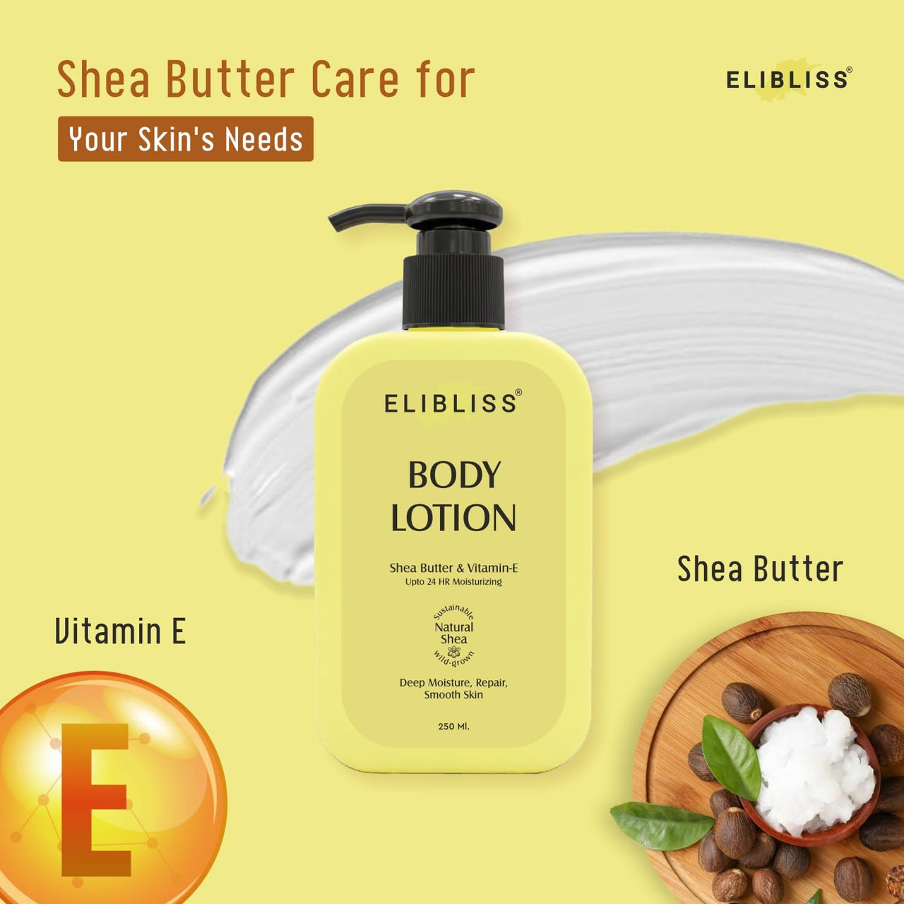 Elibliss 24 Hour Moisturizing Body Lotion | Enriched with Shea Butter & Vitamin E for Skin Barrier Repair, Dry Skin Relief, Soft Smooth Glowing Skin, Non Sticky Everyday Use Lotion 250ml x 2