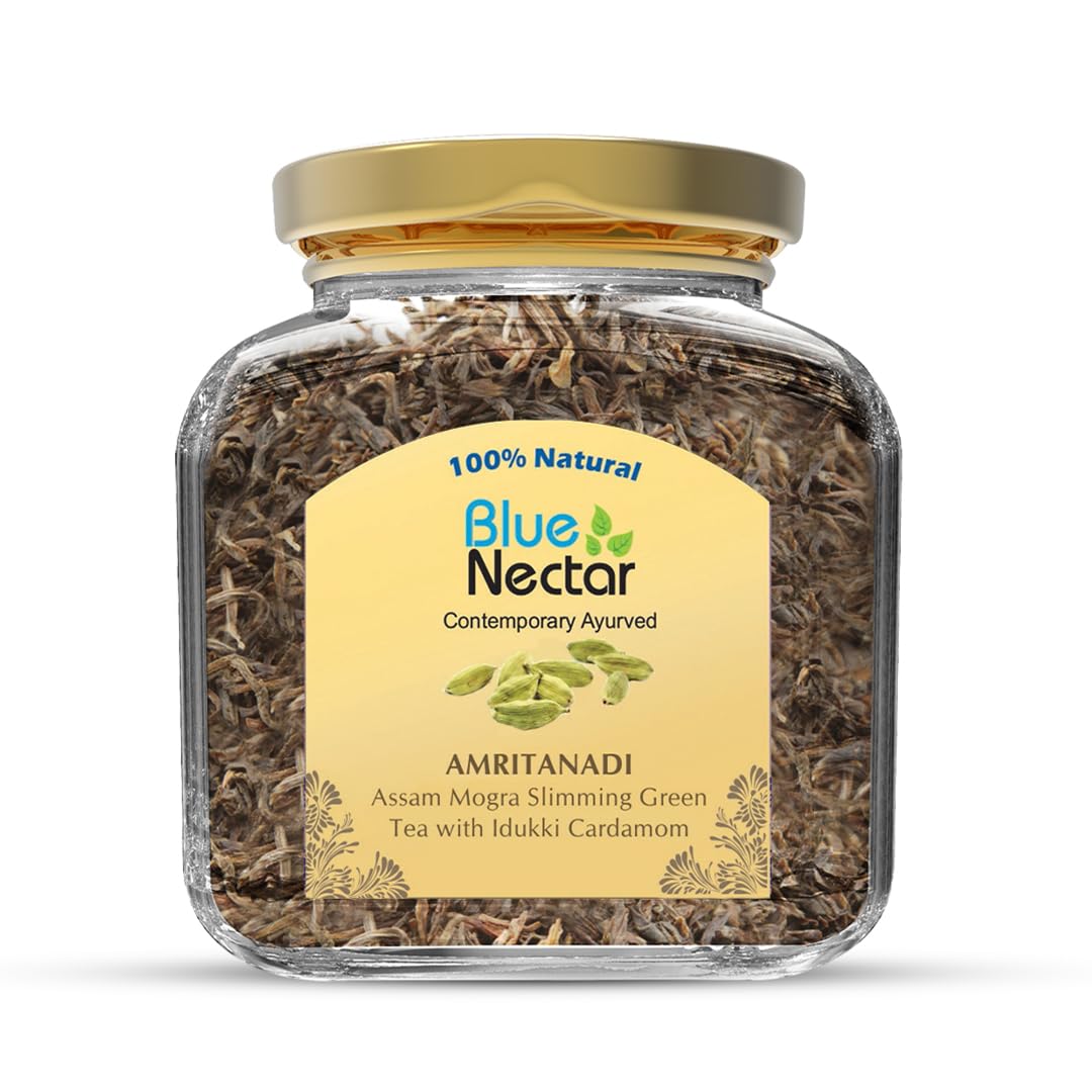 Blue Nectar Cardamom Loose Green Tea Leaves for Weight Management & Skincare | Authentic Green Tea with Kerala Idukki Cardamom | Eco Friendly Glass Jar (50 gm + 15 gm Free)