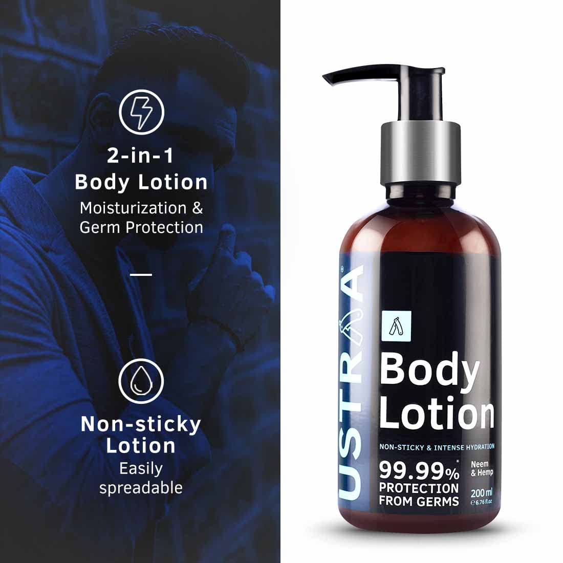 Ustraa Body Lotion Germ-Free - 200ml | Fights Dry Skin and Germs | Non-Sticky, Moisturizes & Hydrates Skin | With Hemp, Vitamin E, Aloe vera, and Neem.