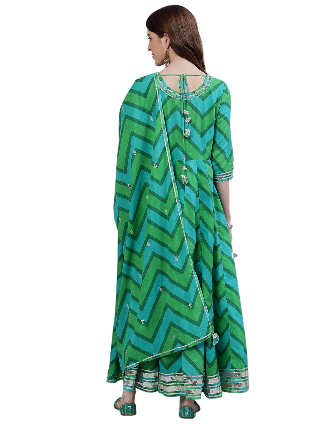 ishin Women's  Cotton Green Embroidered Anarkali Kurta Set with Dupatta