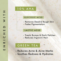 mCaffeine 10% AHA & Green Tea Body Scrub for Tan Removal & Soft-Smooth Skin | For Women & Men | De-Tan Bathing Scrub with Coconut Oil, Removes Dirt & Dead Skin from Neck, Knees, Elbows & Arms