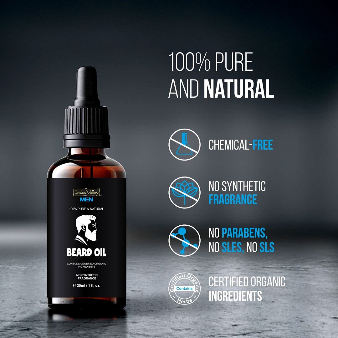 INDUS VALLEY men 100% Pure and Natural Beard Oil, Contains Certified Organic Ingredients - (30ml)