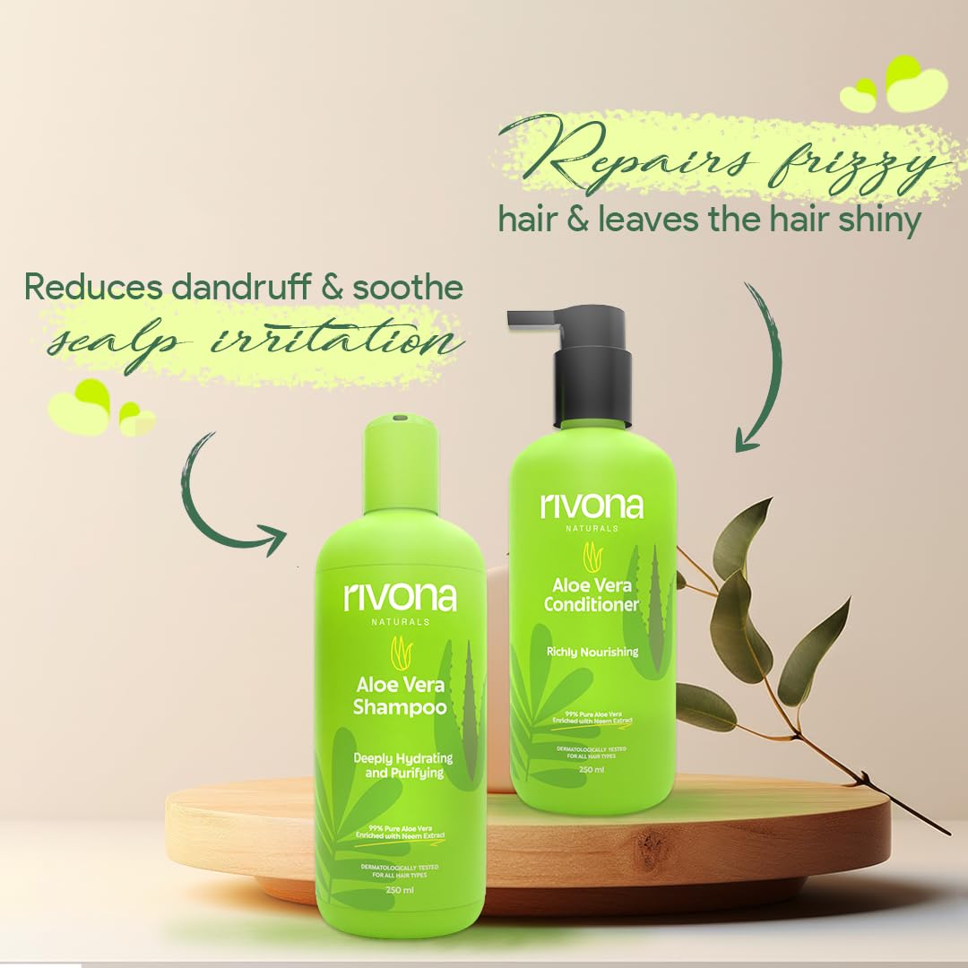 Rivona Naturals Aloe Hair Nourishing Shampoo and Conditioner Set |Natural Hair Care Duo with Aloe Vera & Neem Extracts for Deep Cleansing, Hydration, and Scalp Nourishment| 500ml