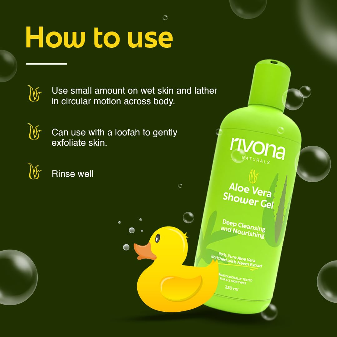Rivona Naturals Aloe Vera Shower Gel | Aloe Vera + Neem | Cleansing and Nourishing| for Men & Women |All Skin types |250 ml (Pack 2)