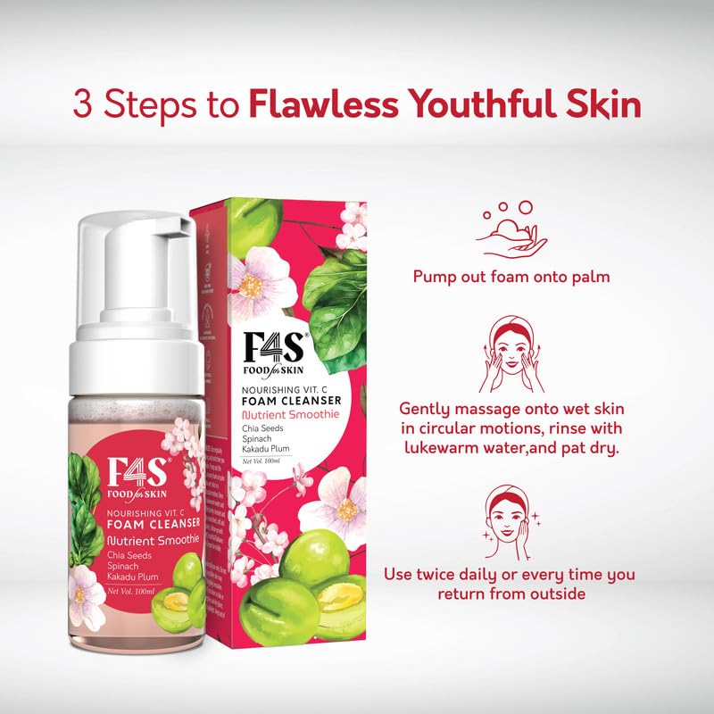 F4S Food for Skin Nourishing Face Foam Cleanser |Rich in Superfoods Kakadu Plum, Chia seeds, Spinach | Vitamin C& Anti-oxidants | Gentle cleansing |Skin Hydration & Brightening | All Skin Types |100ml