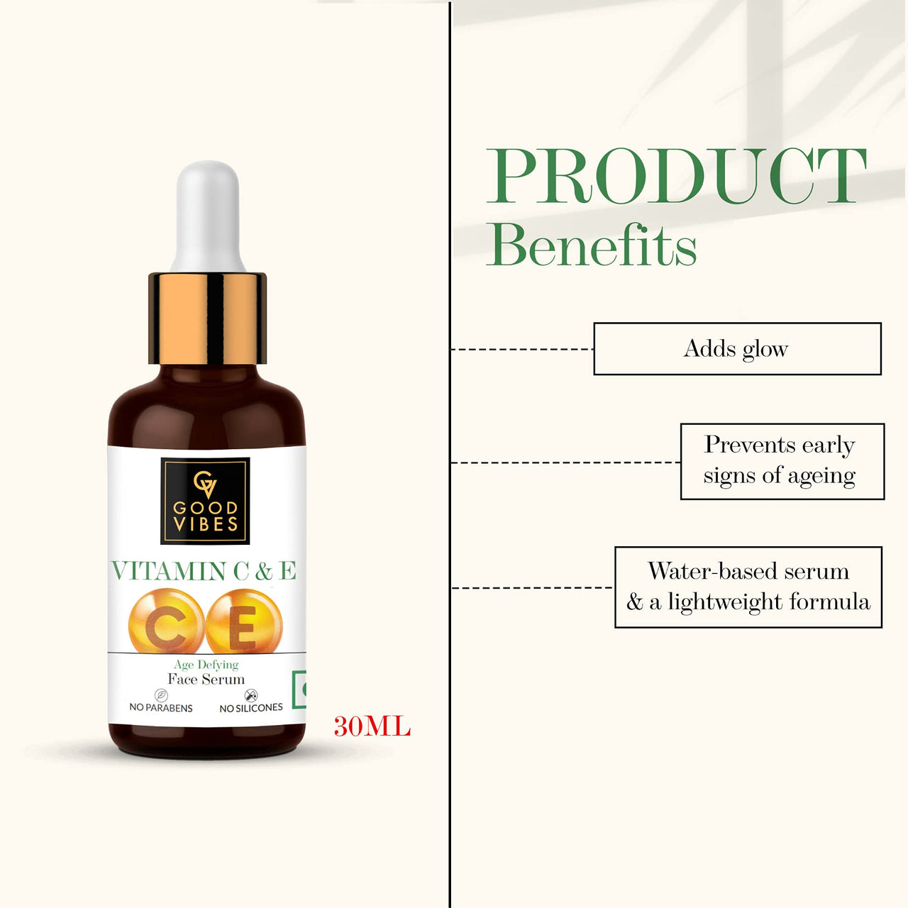 Good Vibes Vitamin C & Vitamin E Age Defying Serum, 30 ml Light Weight Non Greasy Helps Reduces Wrinkles Skin Repair, Naturally Glowing Face Serum, No Parabens & Sulphates, No Animal Testing