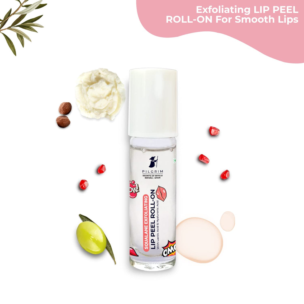 Pilgrim Spanish Squalane Lip Peel Roll-on with lactic acid & hyaluronic acid |Squalane exfoliating lip peel for soft & glossy lips | Hydrating dry & flaky lips |Women & Men's | 6 ml (Transparent)