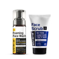 Ustraa Bright Skin Cleansing Kit - Foaming Face Wash - For Skin Brightening - 150 ml | Helps Prevent Blackheads | NO SLS & Face Scrub - De-Tan 100 g - Effective Tan Removal | Bigger Walnut Granules