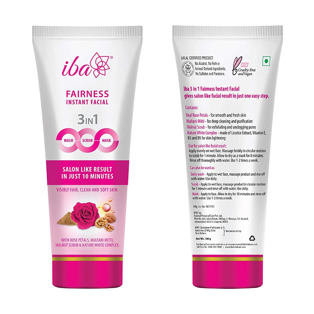 Iba 3in1 Wash, Scrub, Mask Fairness Instant Facial 100g with Rose Petals, Multani Mitti & Walnut For Scrub, Removes Tan, Fairness & Brightens Skin, Gives Instant Glow | Halal Certified & Vegan